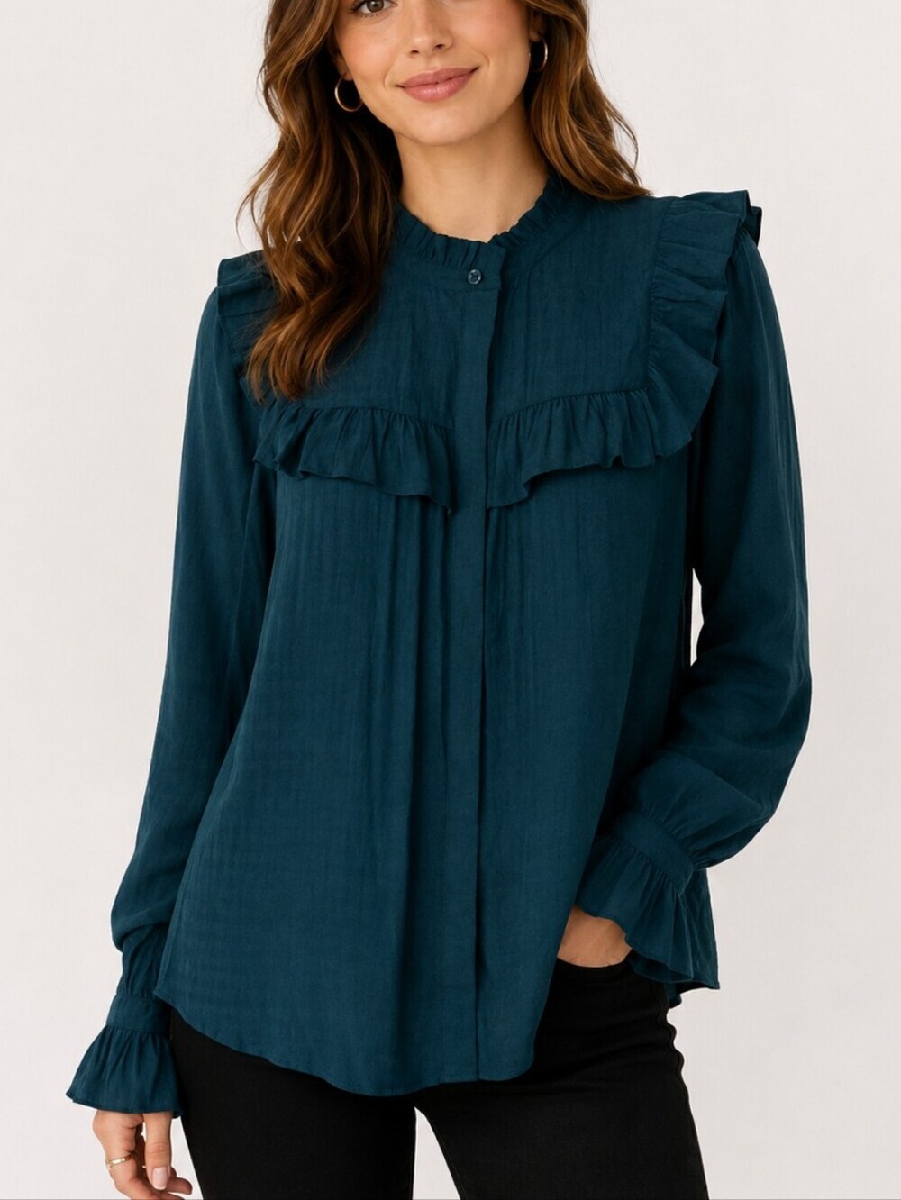 WONDERLY Teal Ruffled Yoke Long-Sleeve Button Down Blouse
